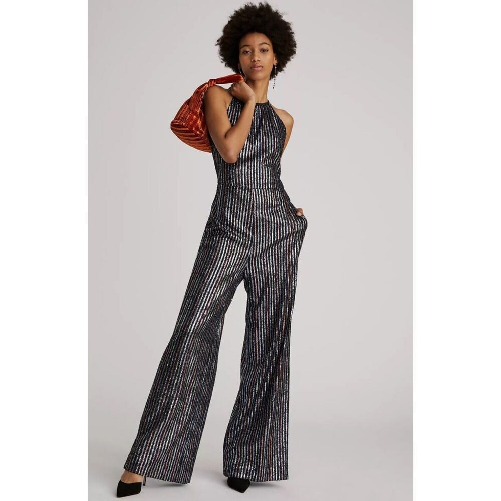 ANTHROPOLOGIE MAEVE Women’s Black Multi Color Sequin Halter Jumpsuit 2 - Picture 1 of 8